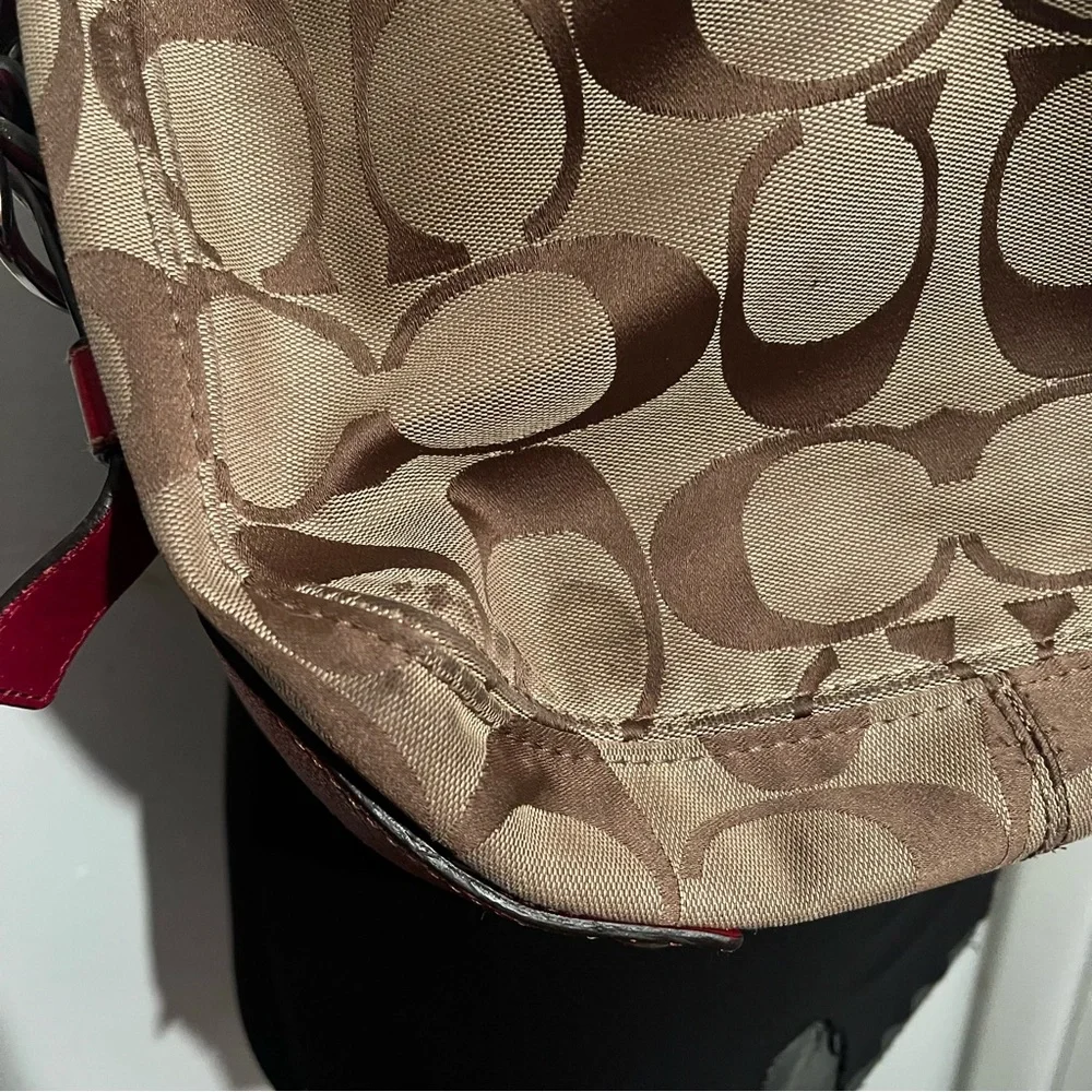 Coach F12674 Zoe Signature C Khaki Jacquard Red Leather Hobo Shoulder Bag - Picture 9 of 16